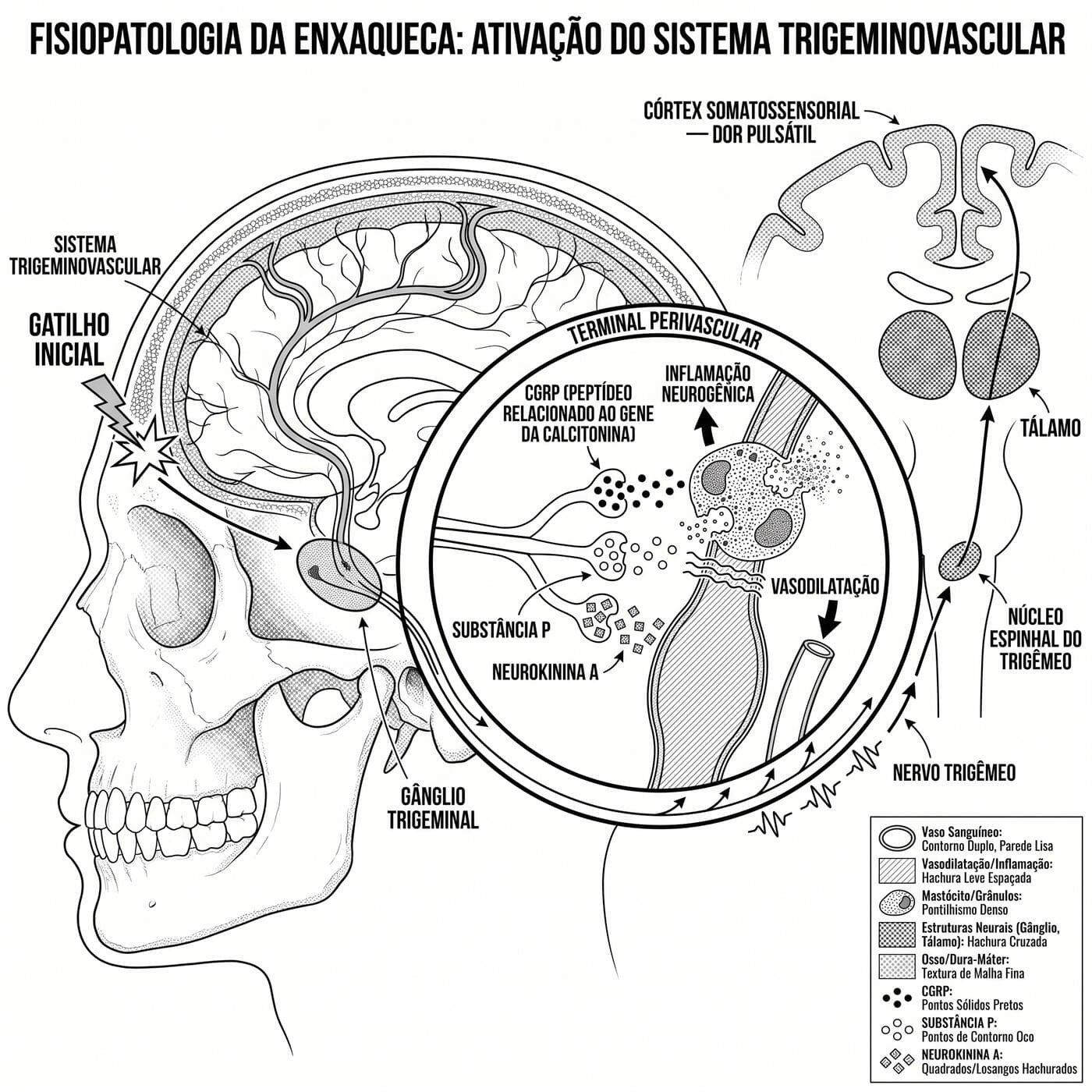 Ilustração da fisiopatologia da enxaqueca