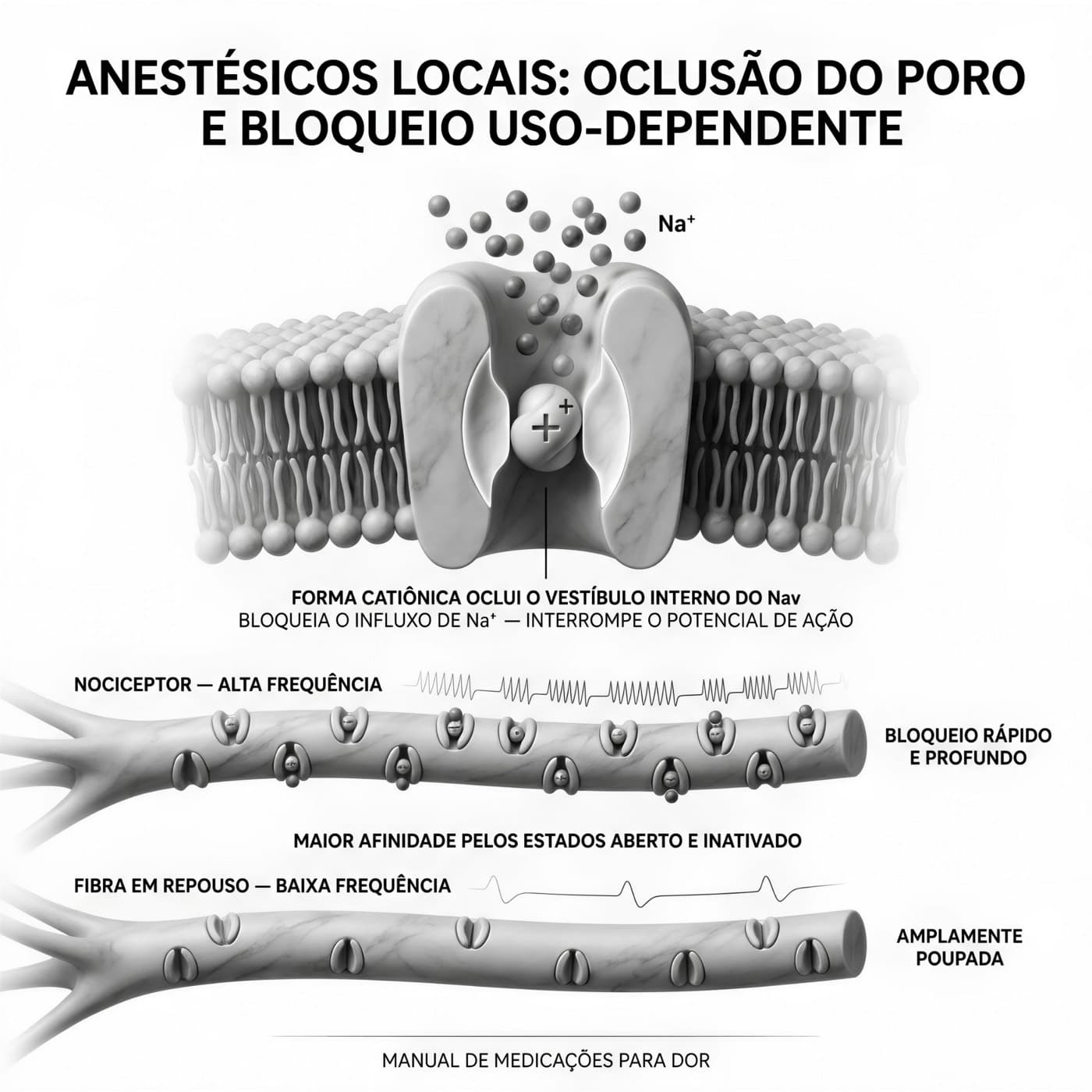Esquema da oclusão do poro do canal iônico pelo anestésico local