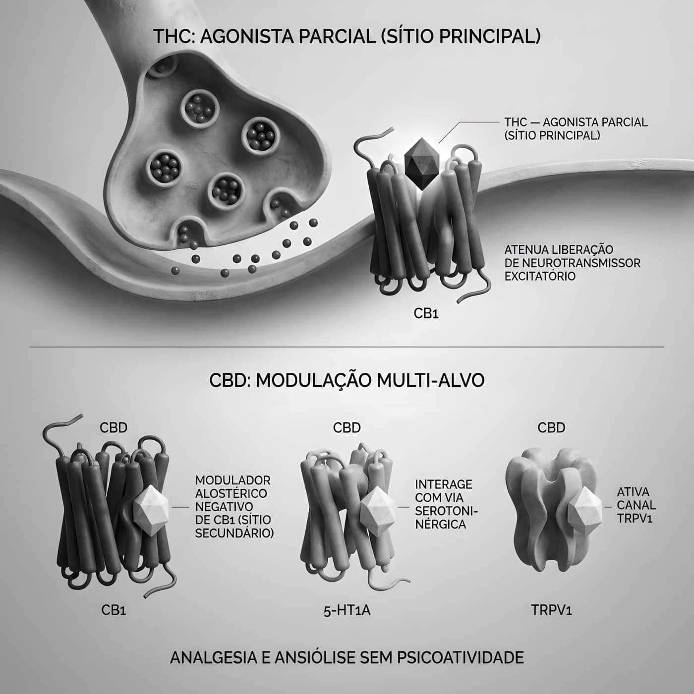 Ilustração comparando as ações do THC e do CBD